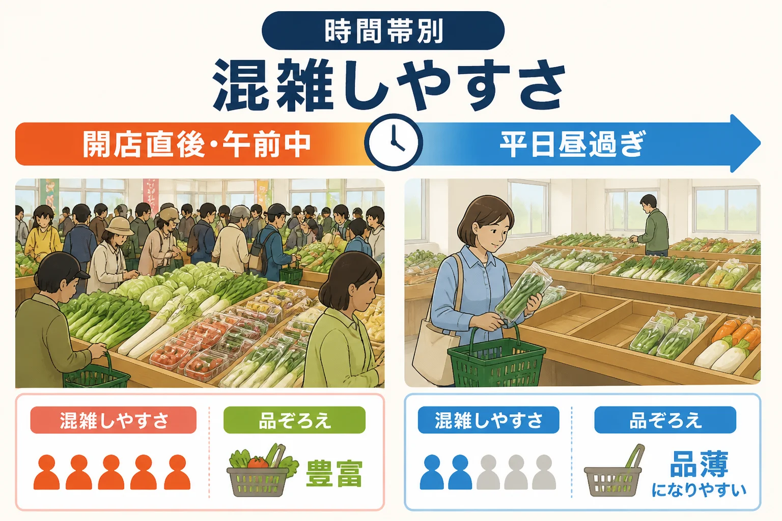 混雑回避と品ぞろえのトレードオフを視覚的に説明するため