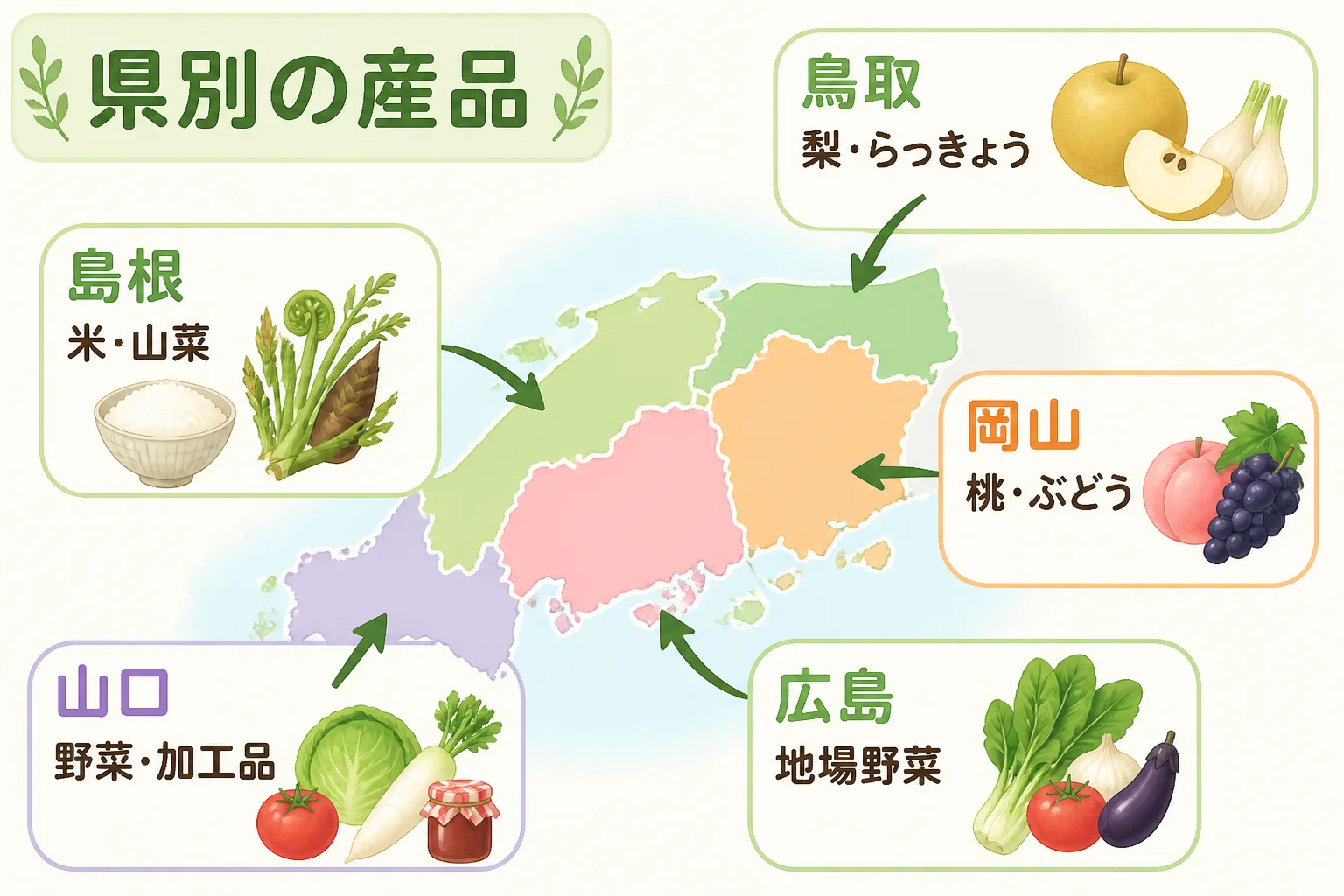 5県ごとの産品傾向を本文の前半で視覚的に整理するため。
