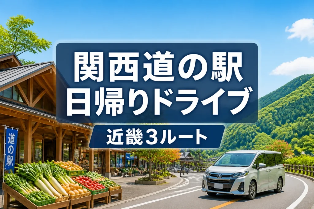 記事の主題である関西の道の駅巡りと日帰りドライブを一目で伝える。