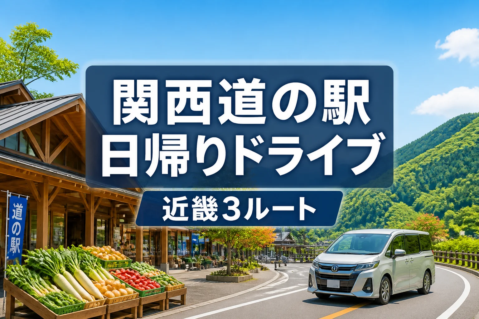 記事の主題である関西の道の駅巡りと日帰りドライブを一目で伝える。