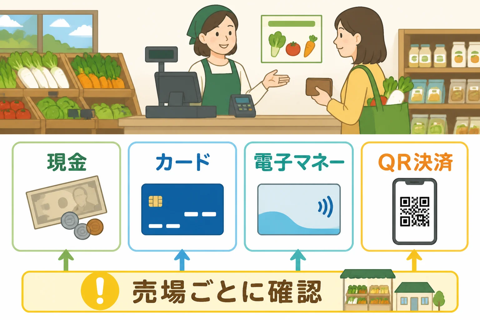 決済手段の種類と売場ごとの確認が必要であることを示す