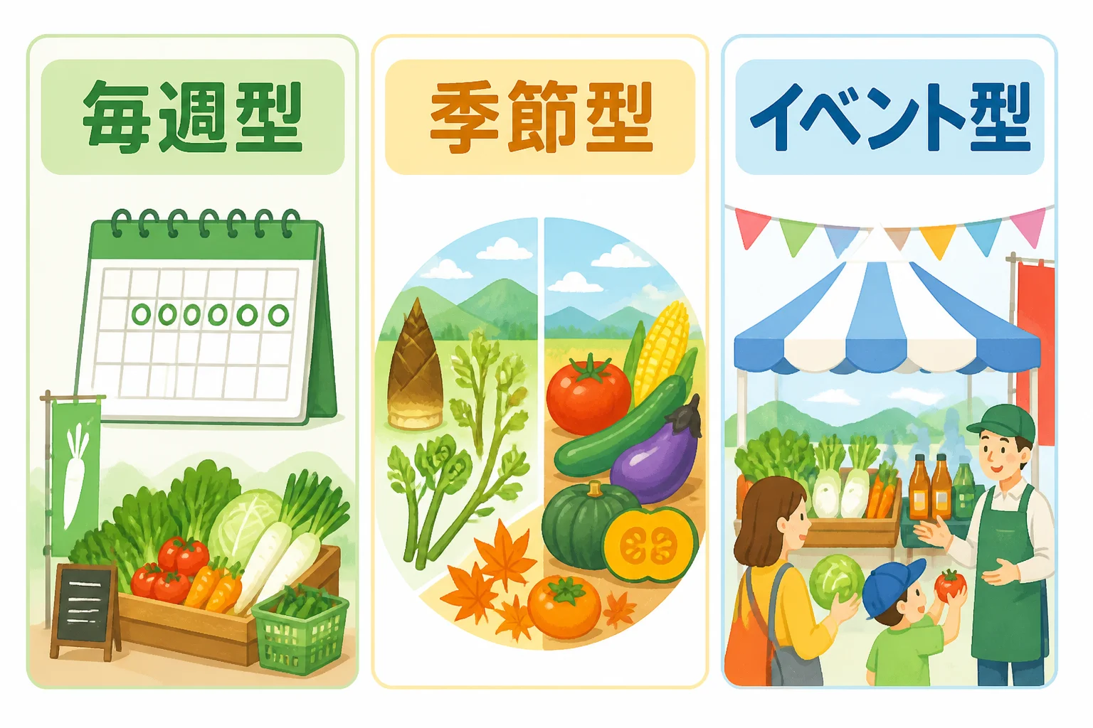毎週開催・季節開催・イベント開催の違いを視覚的に理解してもらう