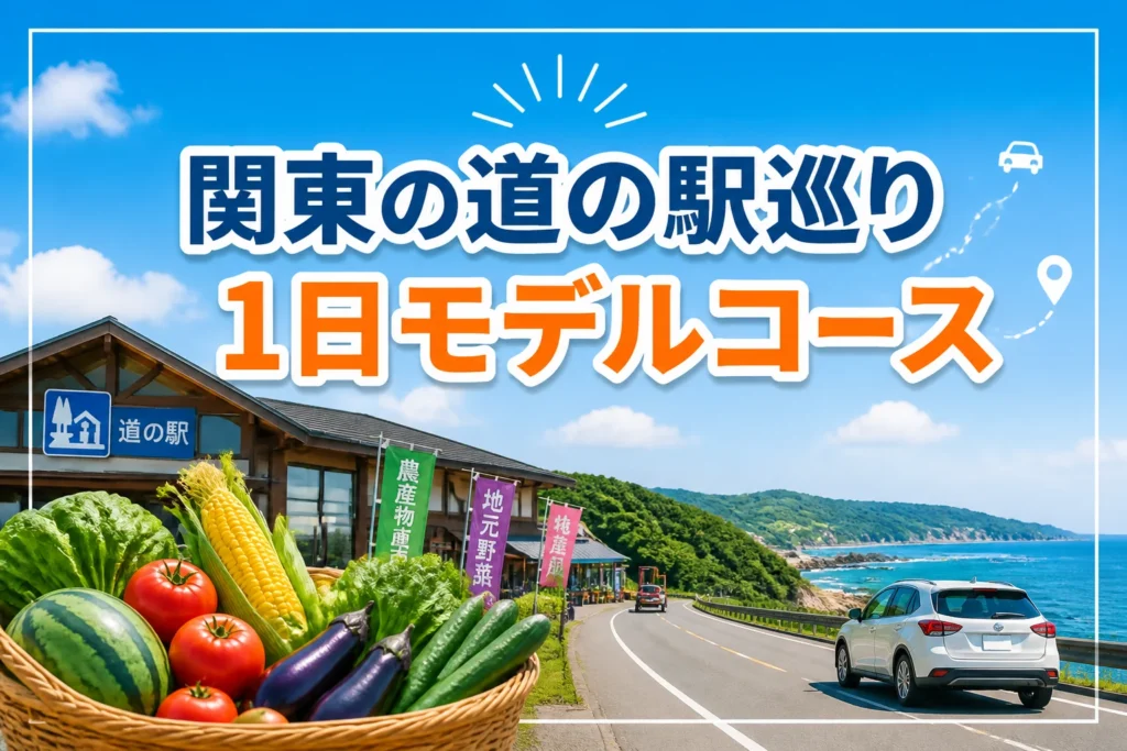 検索結果やSNSで、関東・道の駅巡り・1日モデルコースの記事内容を一目で伝える。