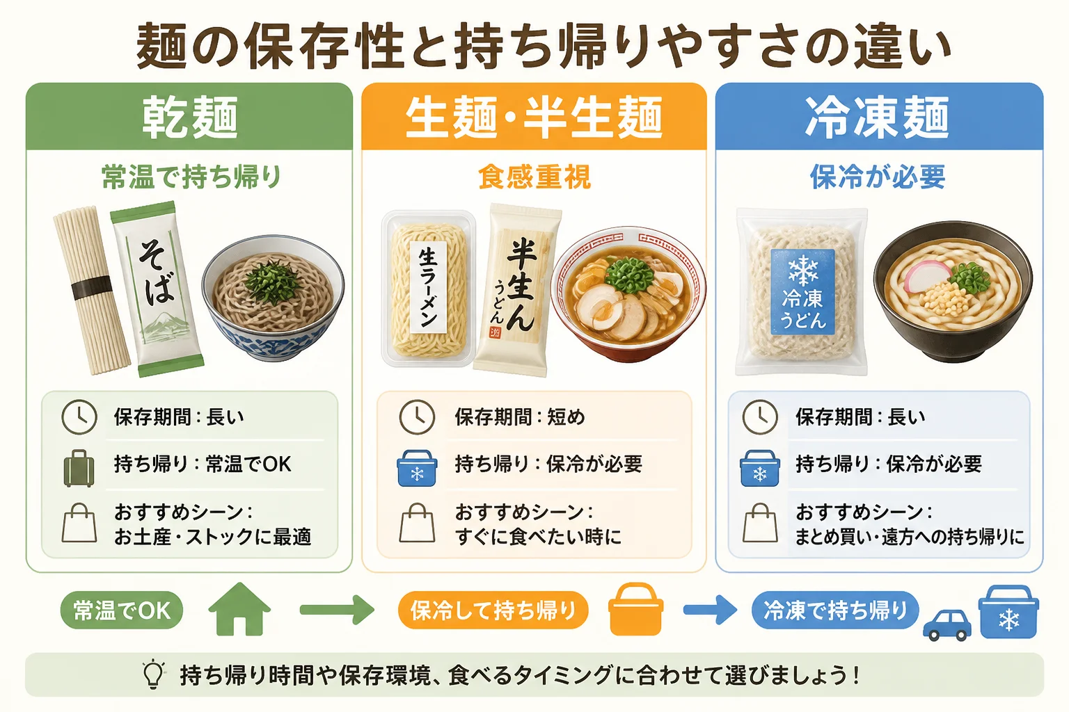 麺の保存性と持ち帰りやすさの違いを直感的に理解してもらう