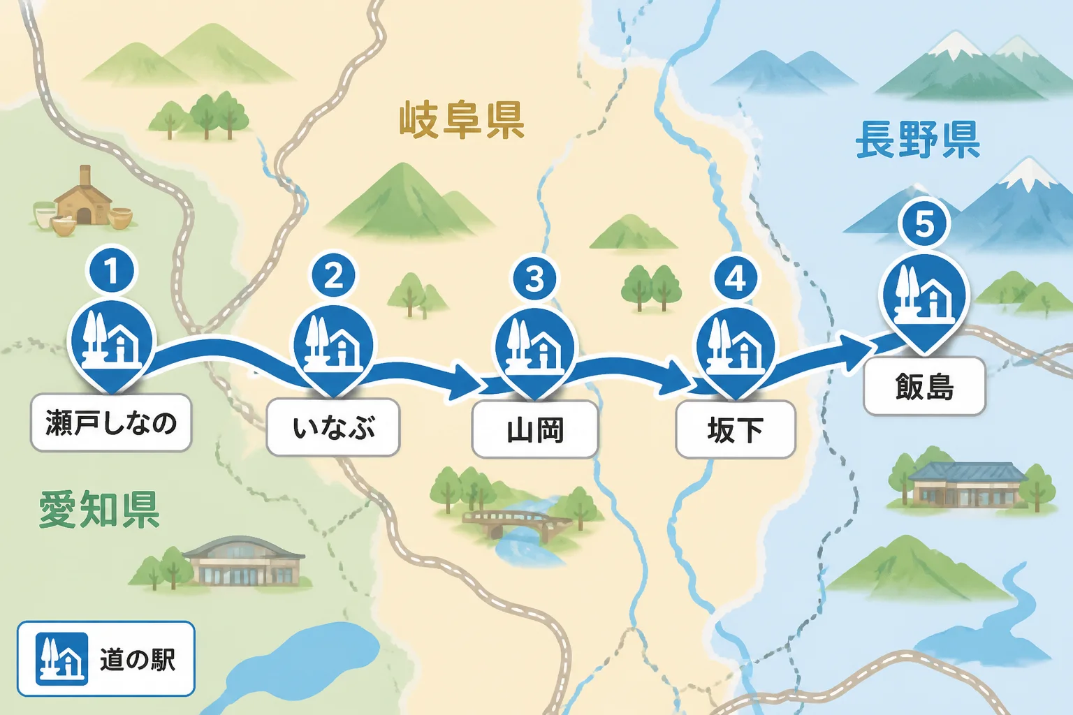 施設の順番と県境をまたぐルートを視覚化する。