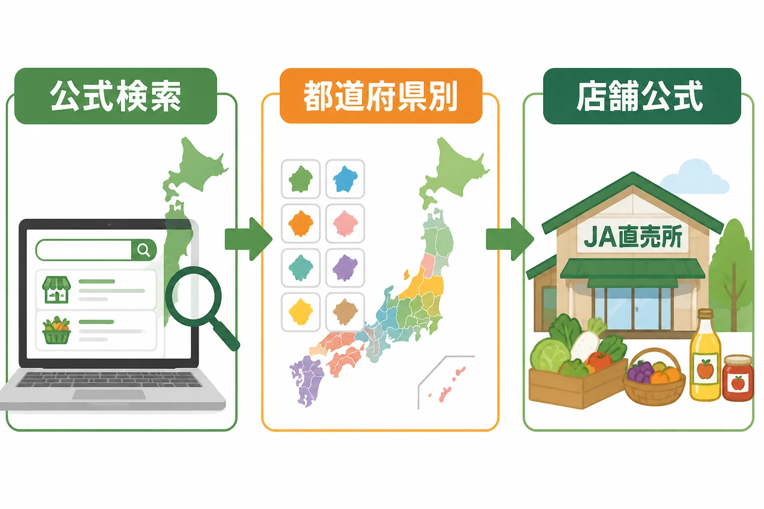 全国共通検索と各店舗公式ページを併用する手順を視覚化する。