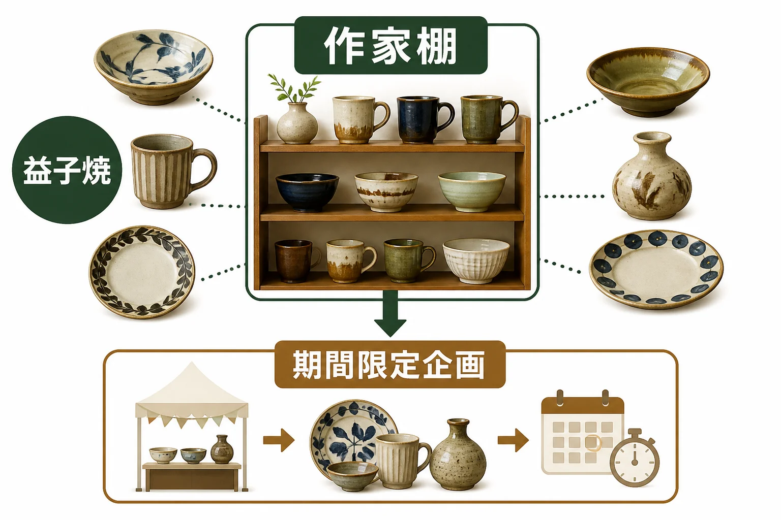 通常の作家棚と、開催時期が限られる陶器企画を区別して理解してもらうため。