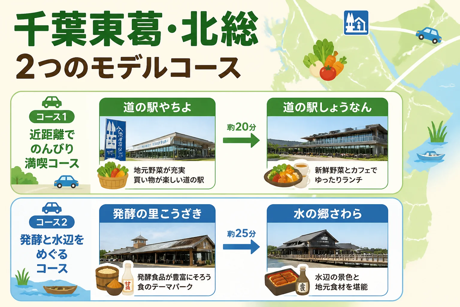 4施設を2つの目的別コースに分けて理解しやすくする。