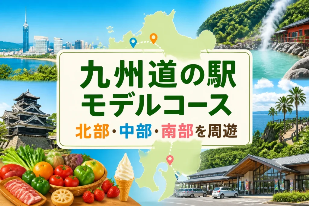 記事テーマと九州の広域モデルコースを一目で伝えるため