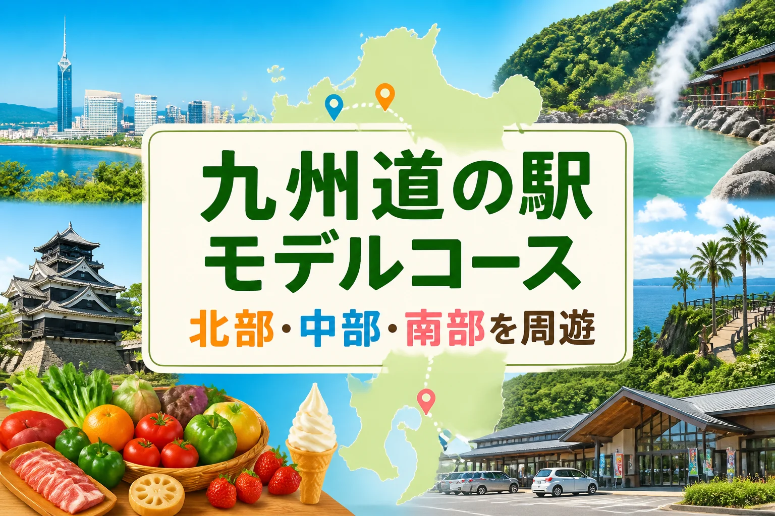 記事テーマと九州の広域モデルコースを一目で伝えるため