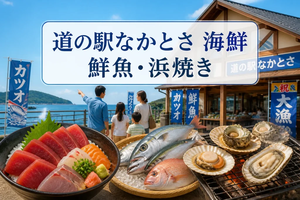道の駅なかとさで海産物と海鮮料理を楽しめる記事だと一目で伝える