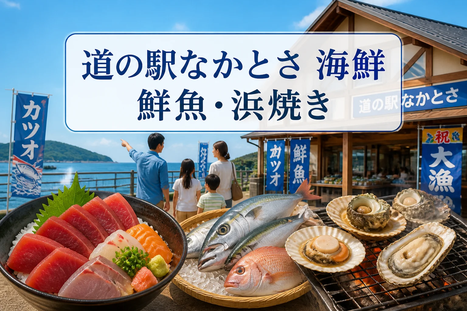 道の駅なかとさで海産物と海鮮料理を楽しめる記事だと一目で伝える