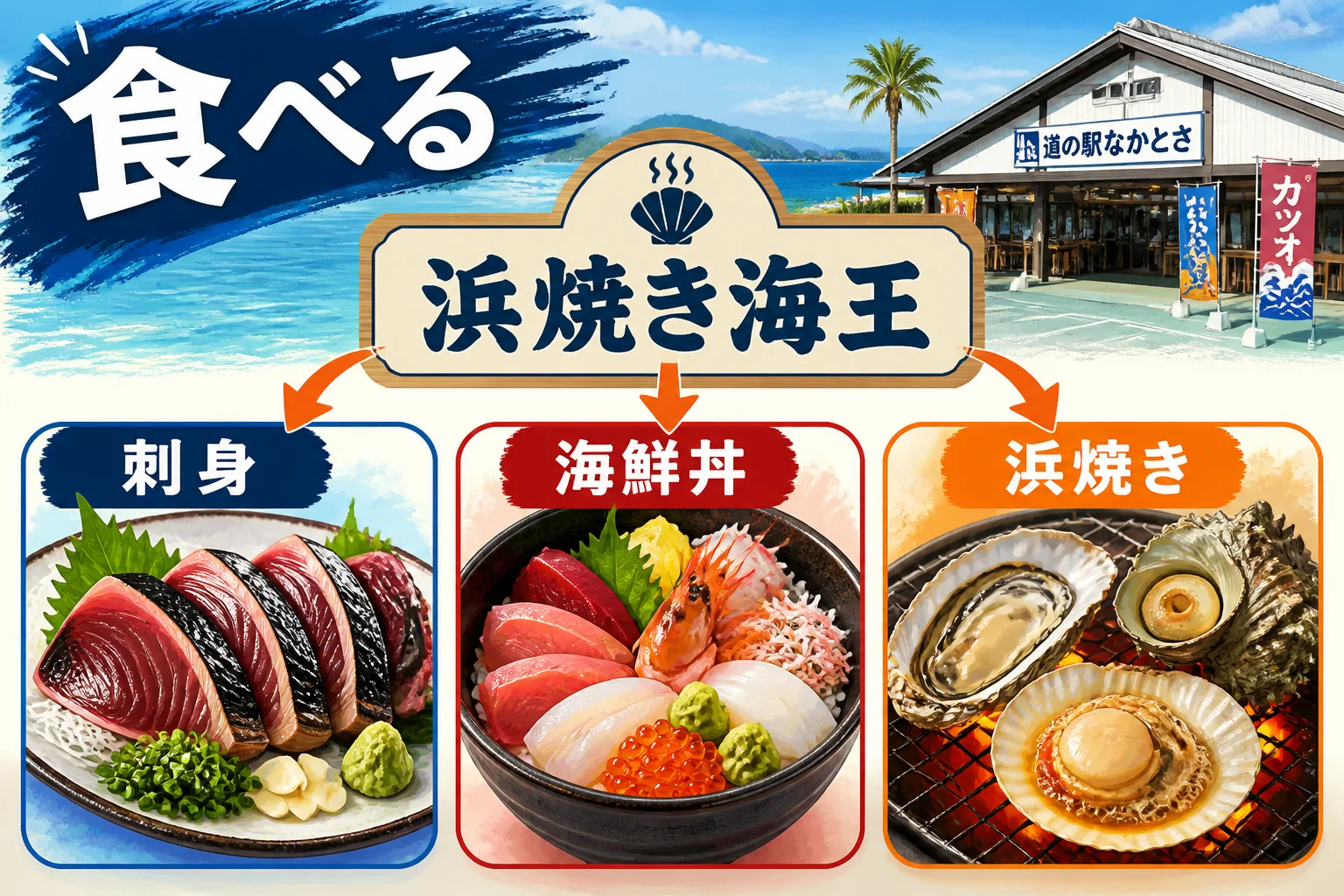 買い物ではなく現地で海鮮を食べたい読者に、店舗と料理の関係を伝える
