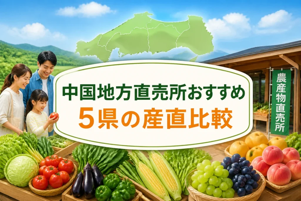 検索結果やSNSで、中国5県の農産物直売所を比較する記事だと一目で伝えるため。