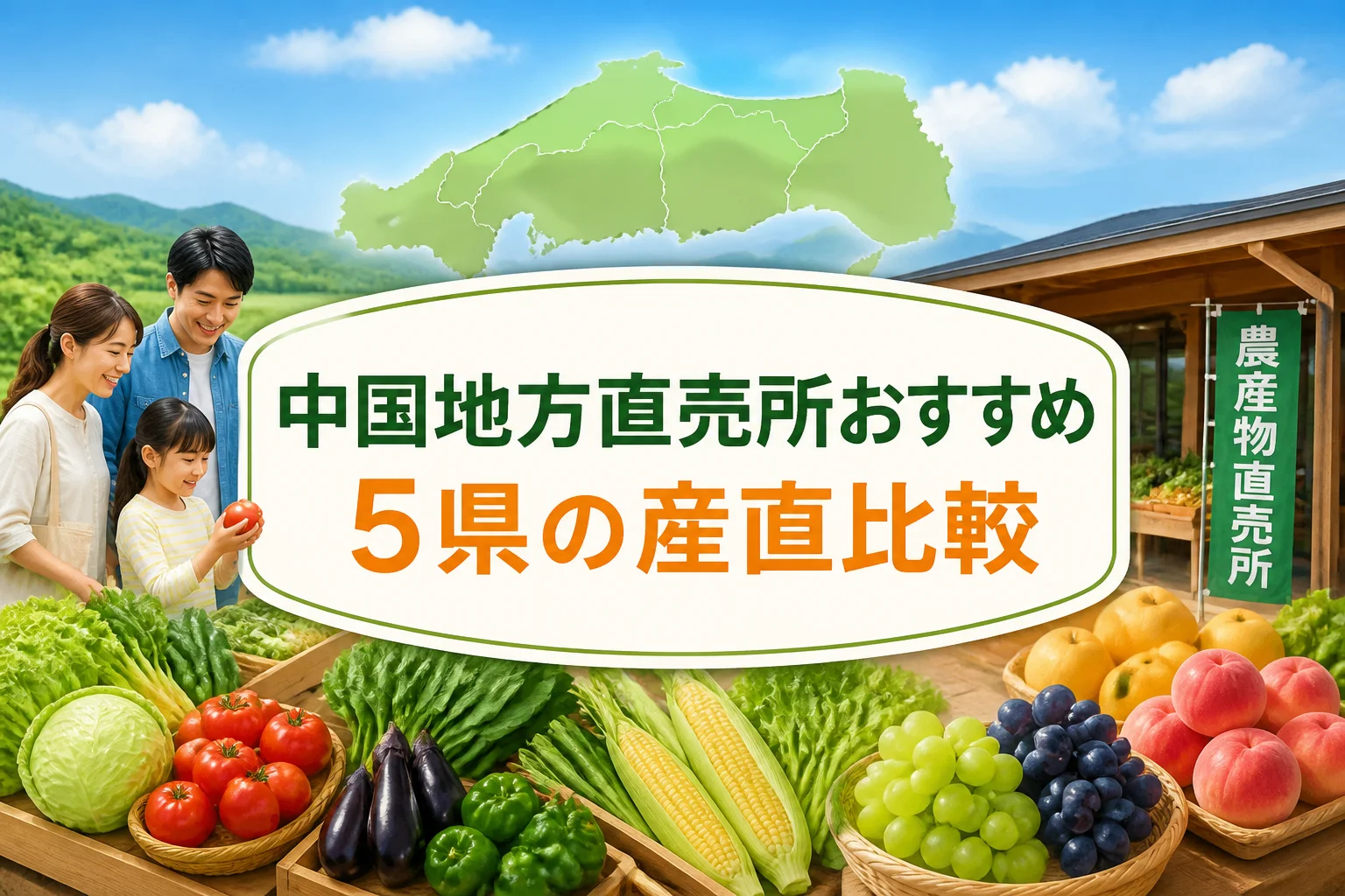 検索結果やSNSで、中国5県の農産物直売所を比較する記事だと一目で伝えるため。