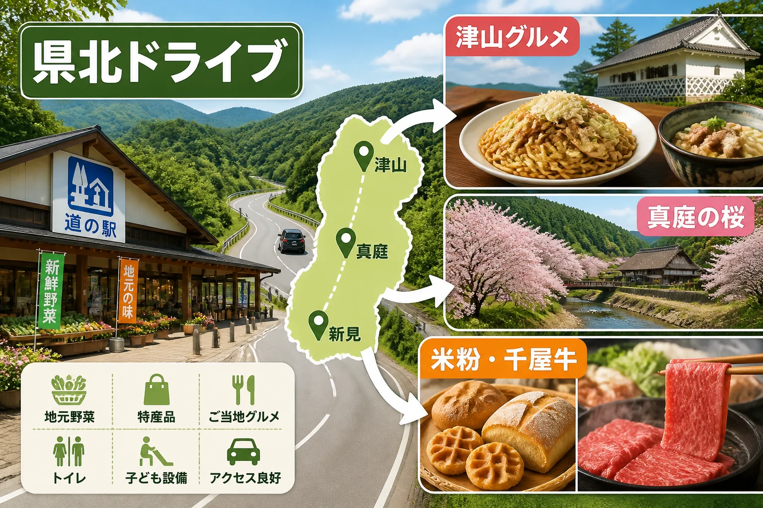 津山・真庭・新見方面で、観光地と地域産品を組み合わせる考え方を伝える。