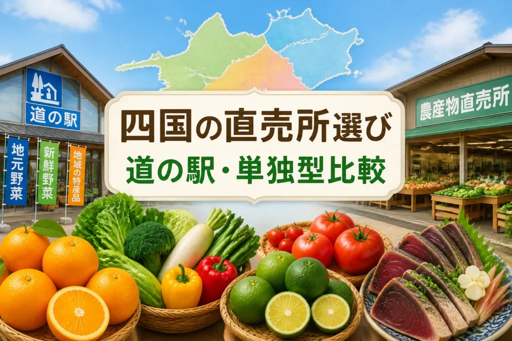 四国の地域産品と、道の駅併設型・単独型の比較記事であることを一目で伝える。