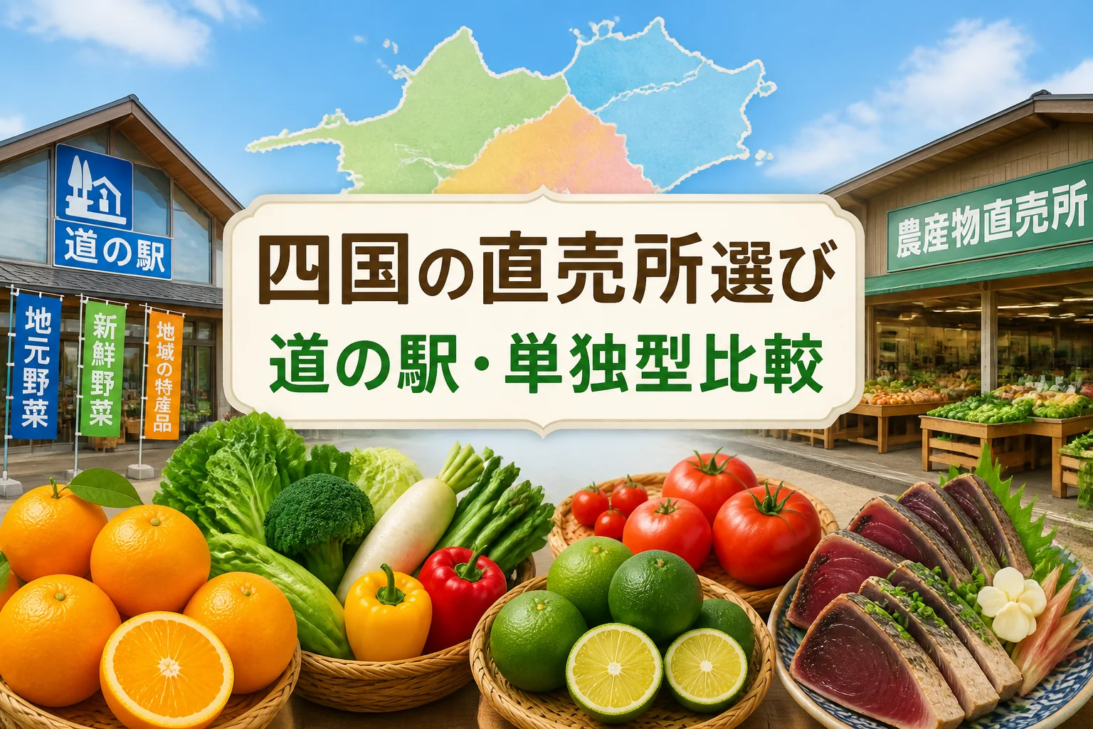 四国の地域産品と、道の駅併設型・単独型の比較記事であることを一目で伝える。