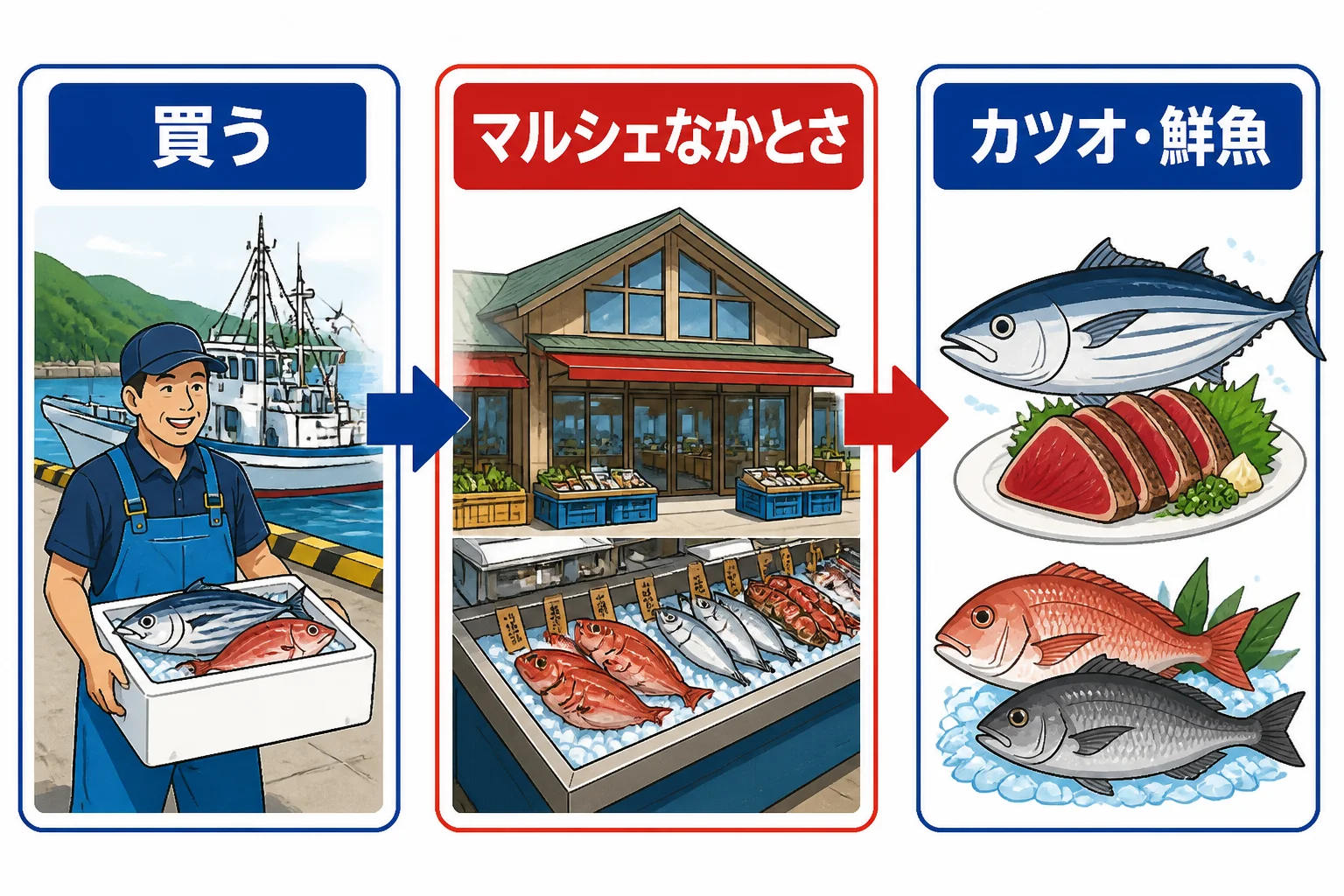 鮮魚販売が固定商品ではなく、漁師の持ち込みや当日の入荷に左右されることを視覚化する