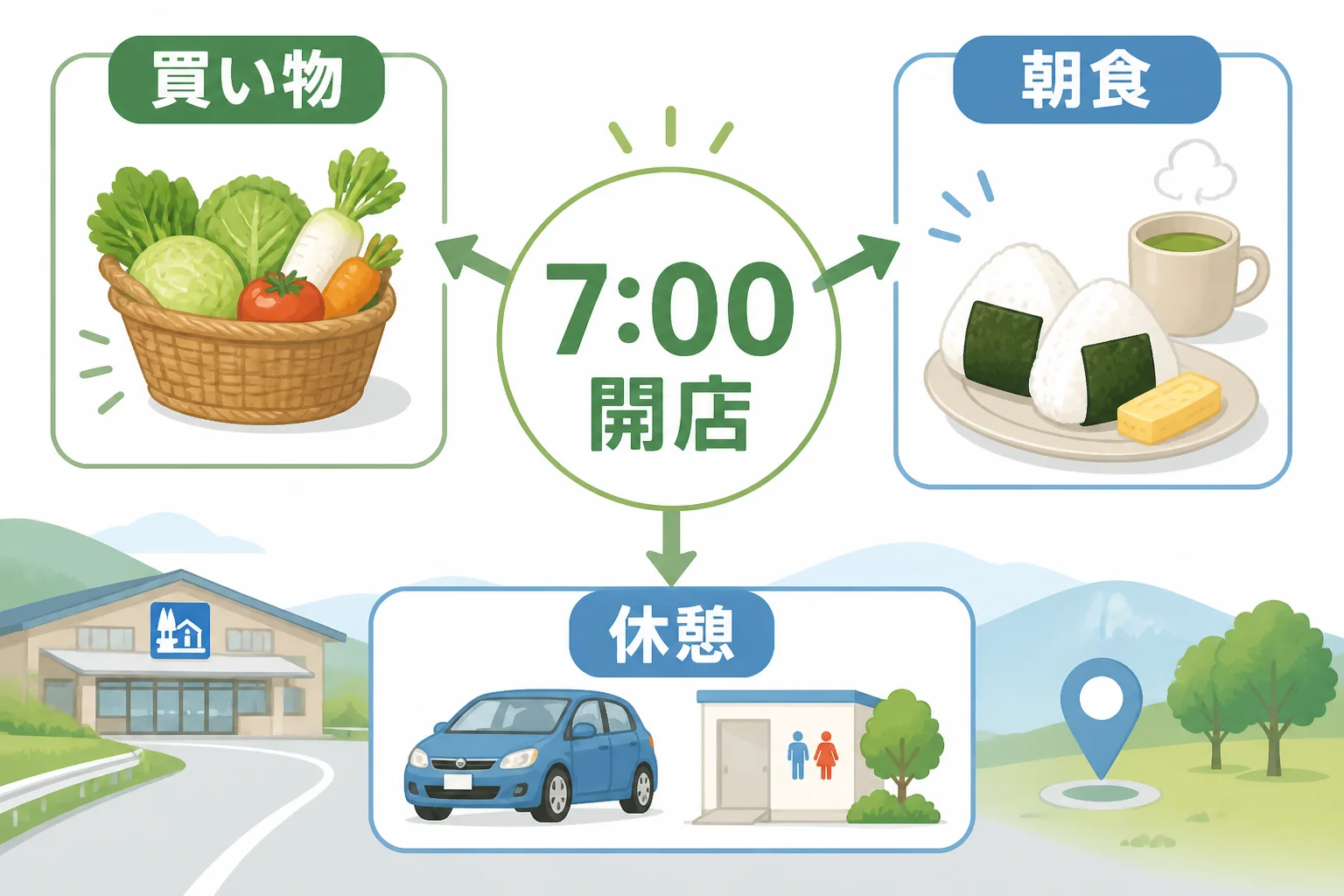 道の駅全体の開館時間ではなく、店舗別の開始時刻を見る考え方を図解する