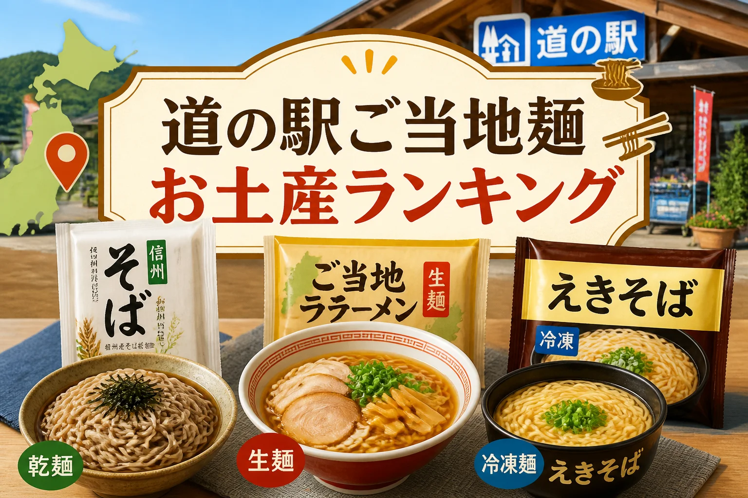 全国の道の駅で買えるご当地麺と、お土産選びの記事テーマを一目で伝える