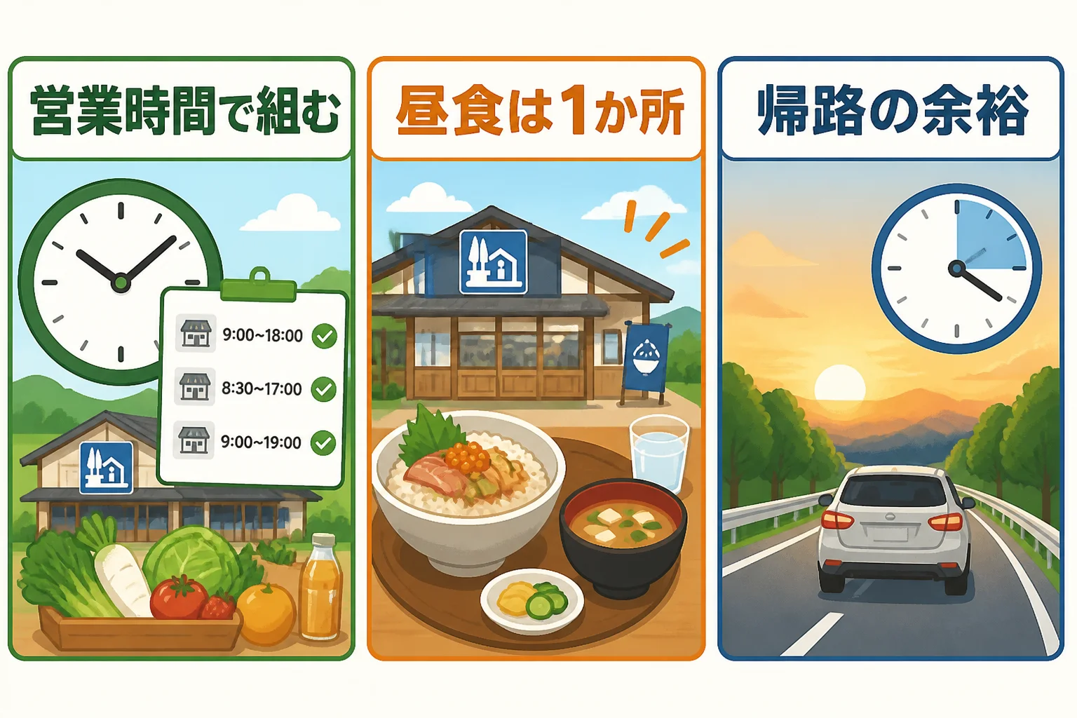 日帰りドライブの失敗を防ぐ実用的な確認ポイントを図解する。