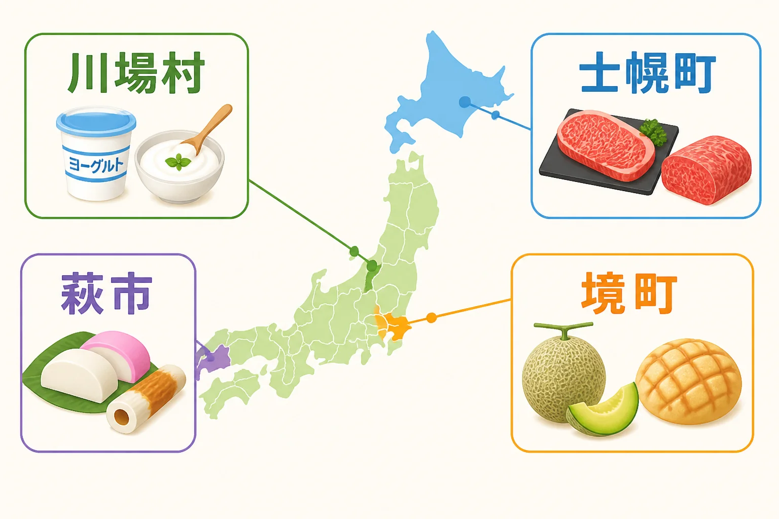 4自治体の位置と返礼品ジャンルを直感的に比較する