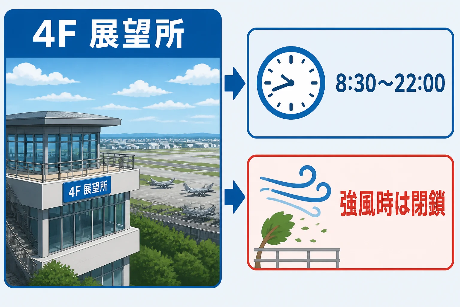 展望所の場所、営業時間、天候による利用制限を視覚的に整理するため。