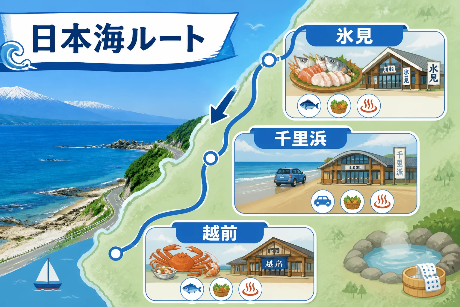北陸の海岸ルートと目的地の違いを比較しやすくする