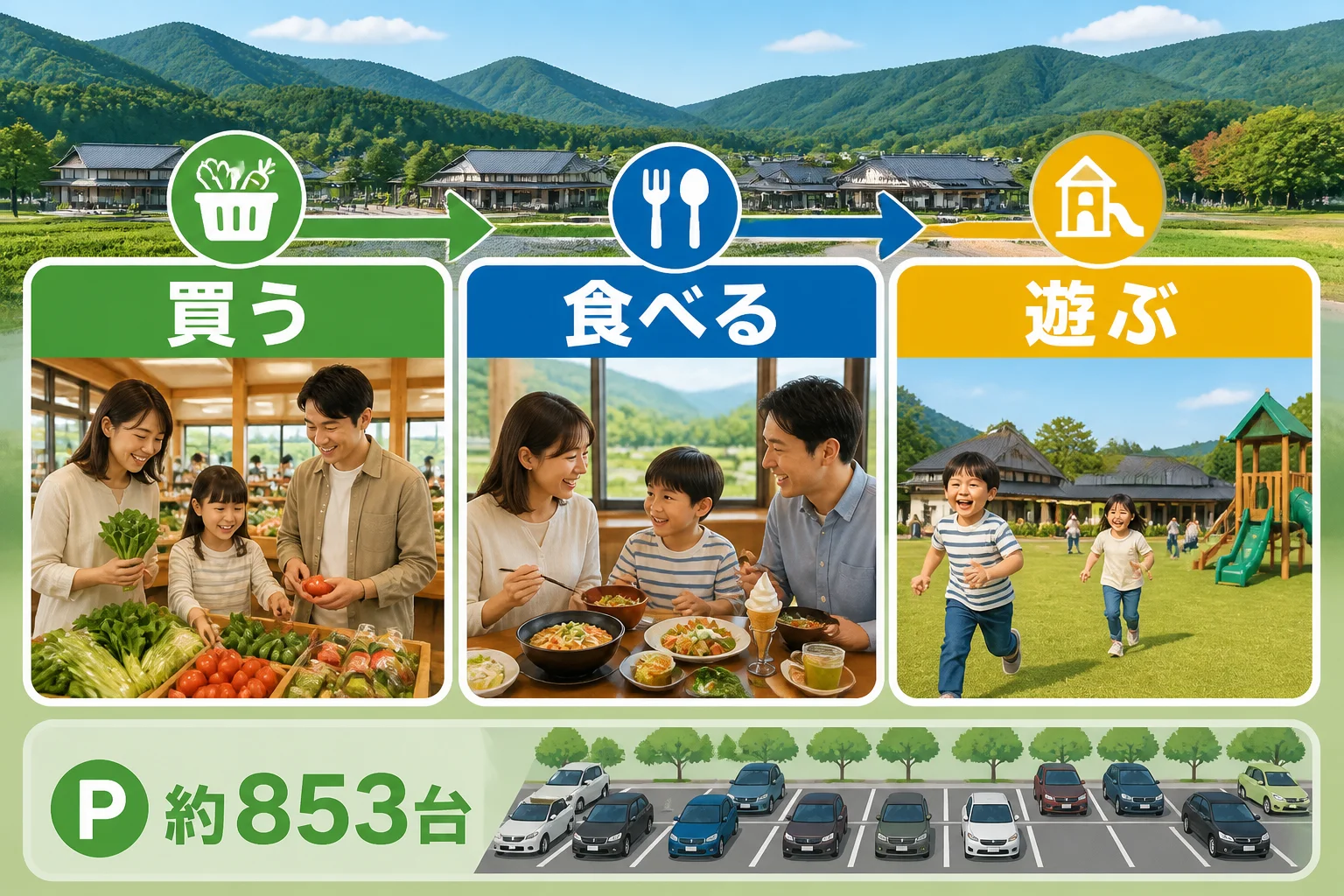 買い物・食事・遊びを一体で楽しめる施設構成と駐車場規模を伝える。