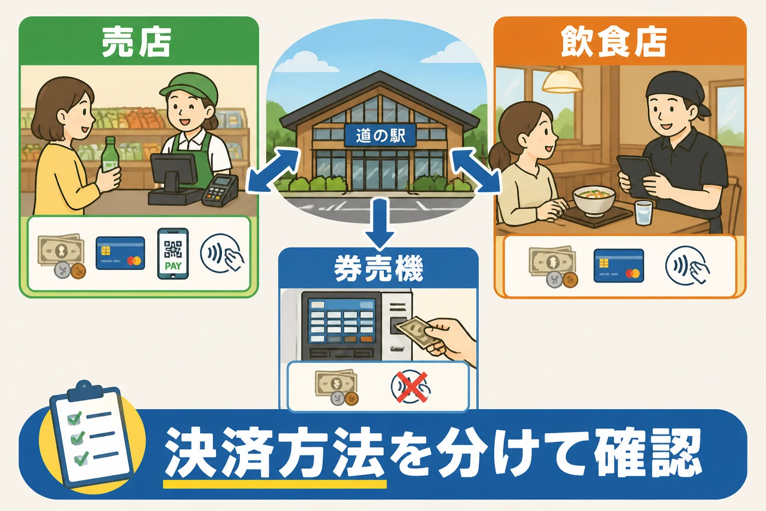 同じ道の駅でも支払い場所ごとに対応が異なることを示す