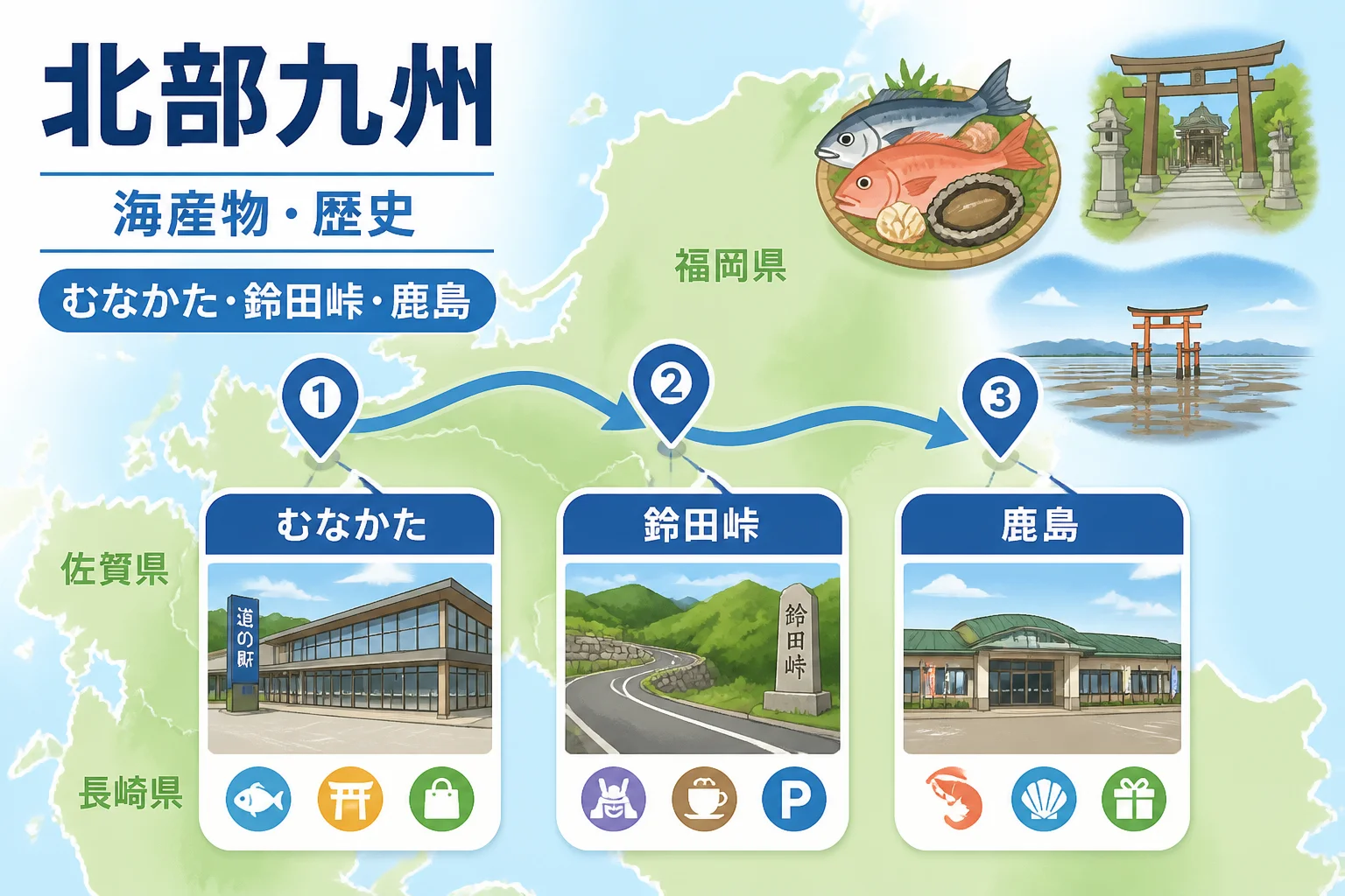 北部九州の立ち寄り目的と施設順を視覚化するため