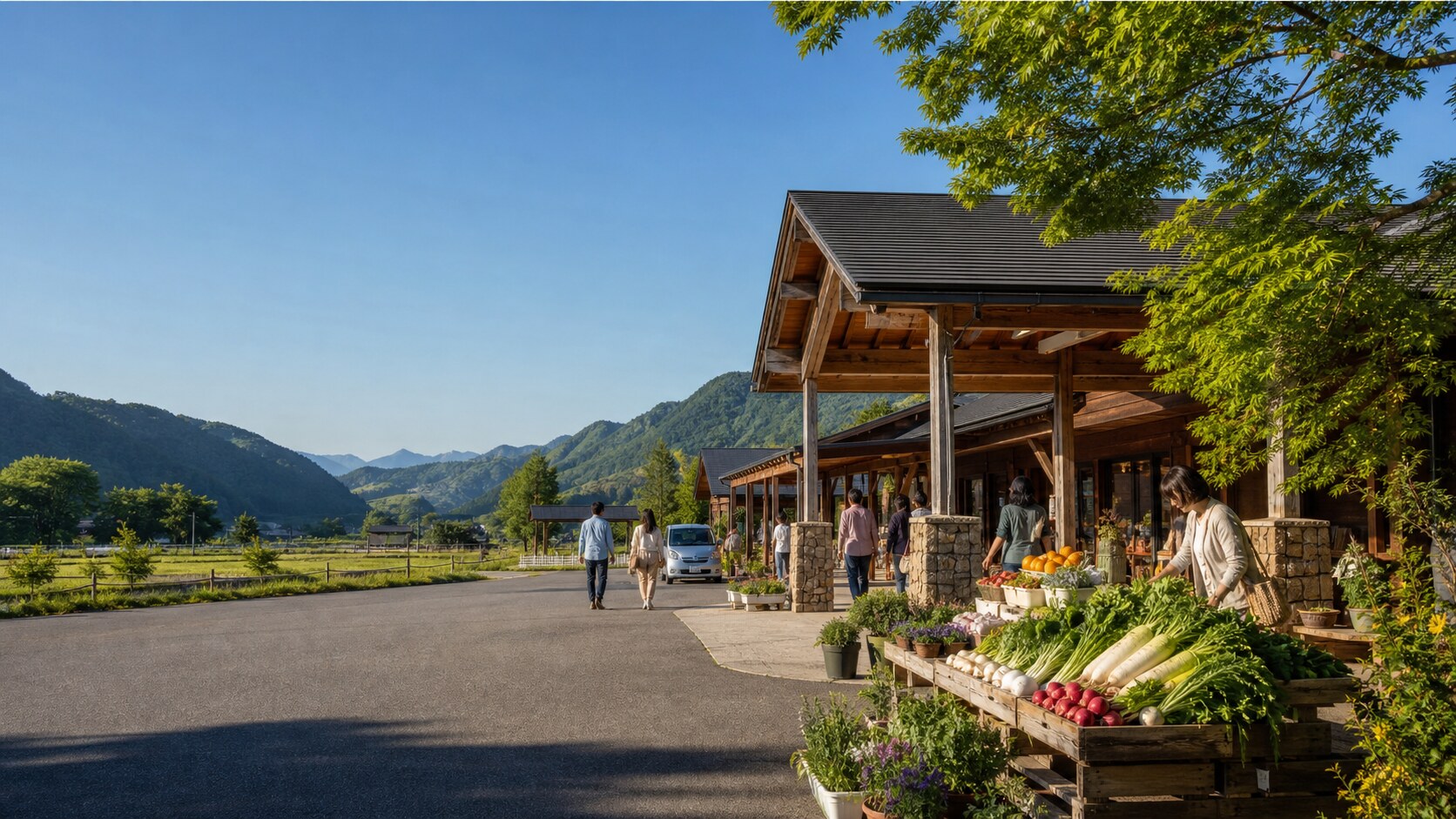 山あいの道の駅と、店頭に並ぶ新鮮な地域野菜