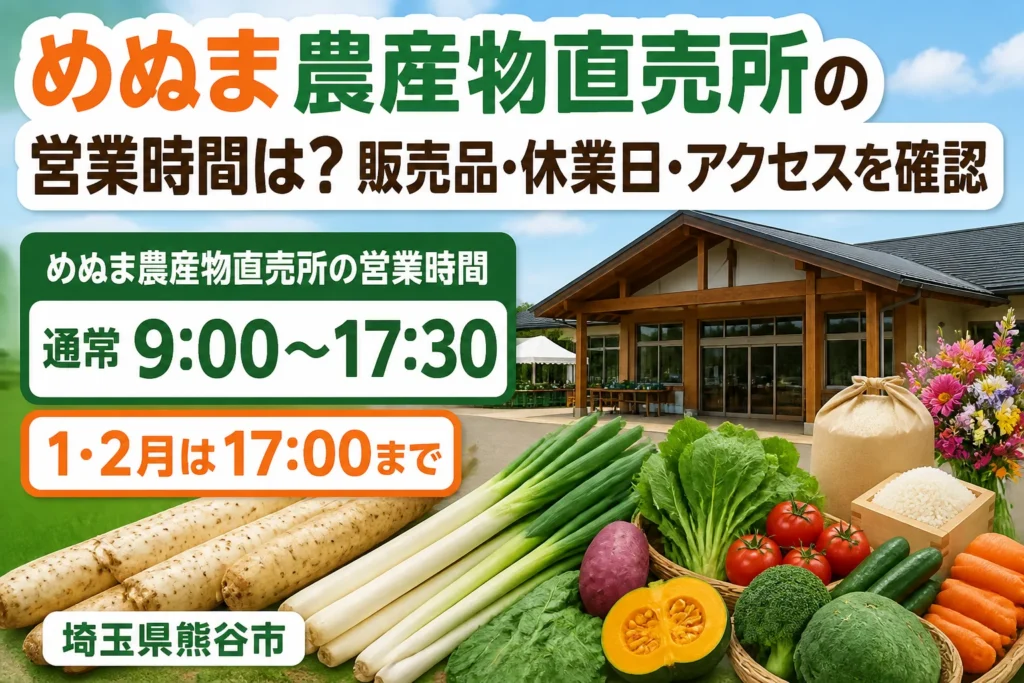 検索意図である営業時間を一目で伝え、施設の地域性と販売品を示す。