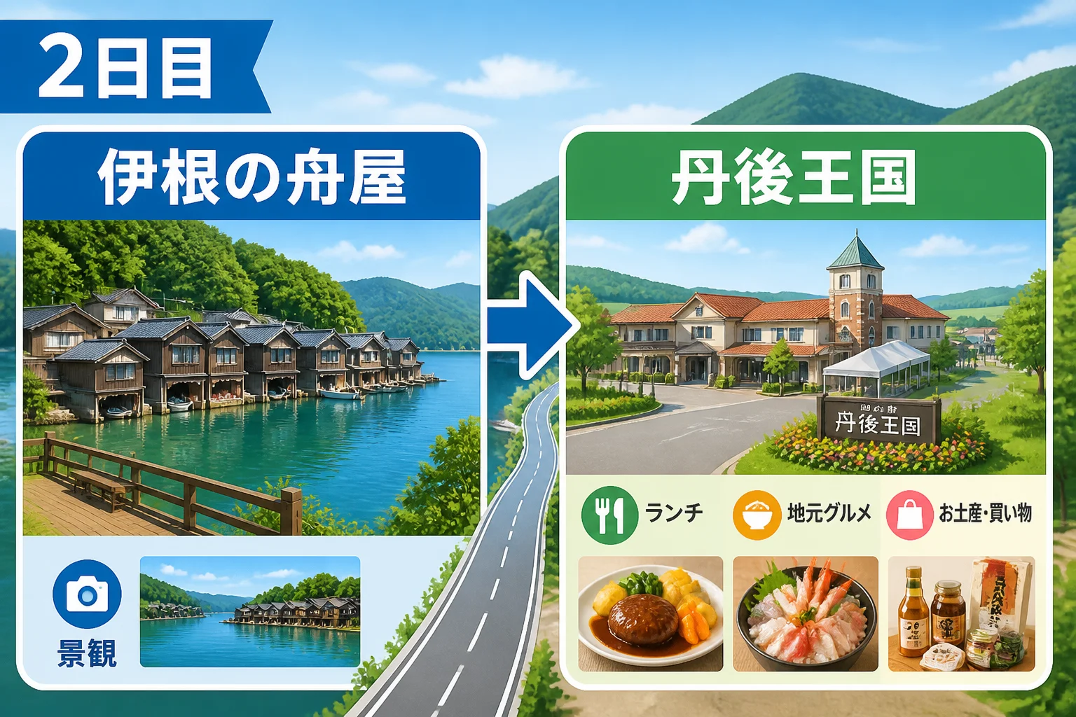 2日目の景観・食・買い物の流れを一目で理解できるようにする。