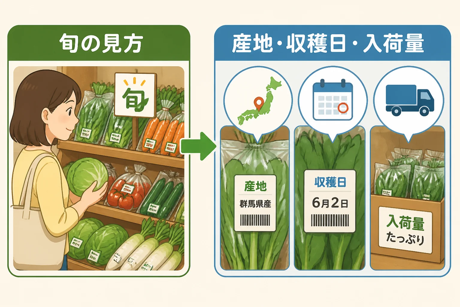 直売所での選び方を手順として補足する図解