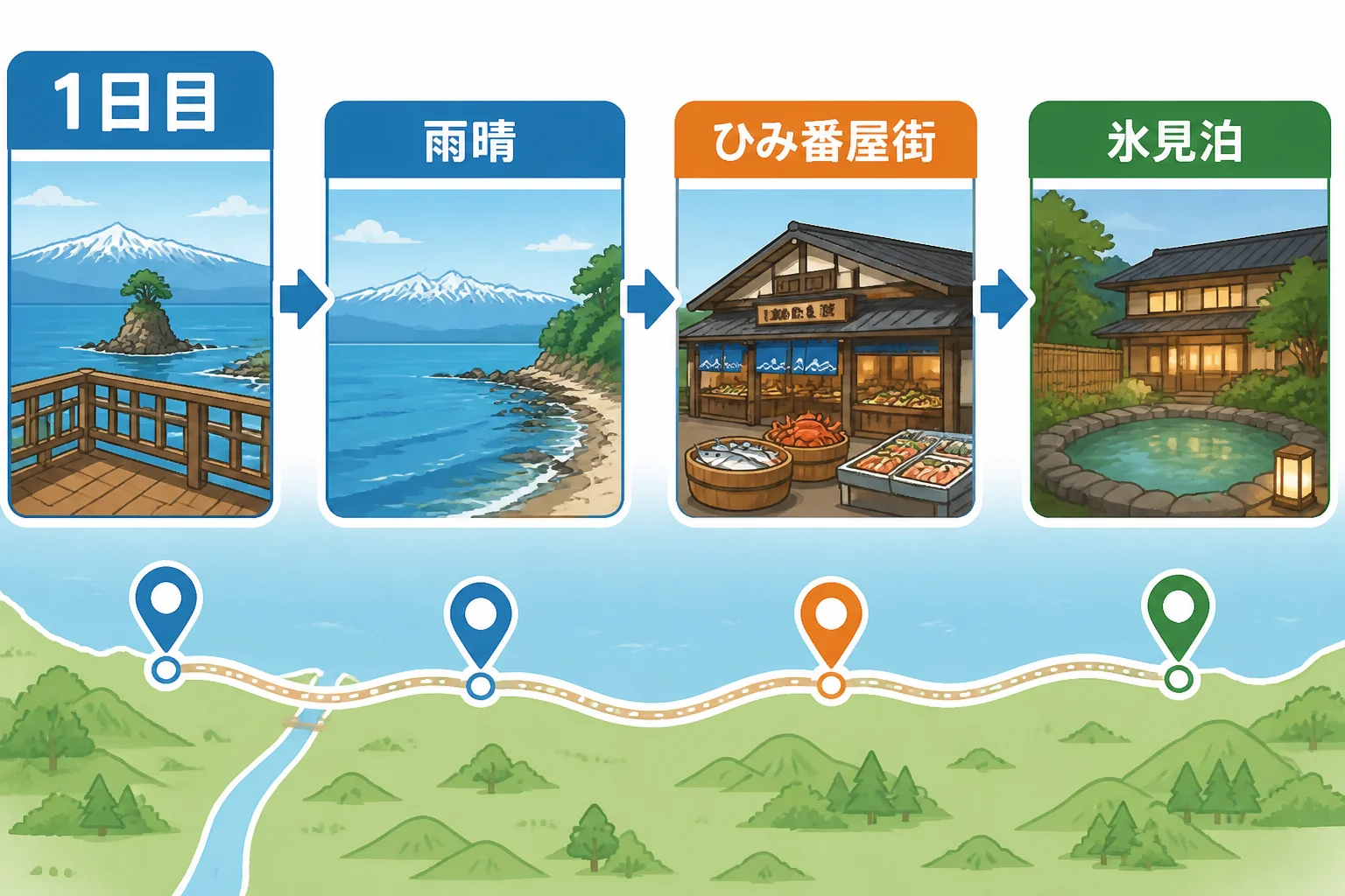 1日目の移動と宿泊地点を視覚的に整理する