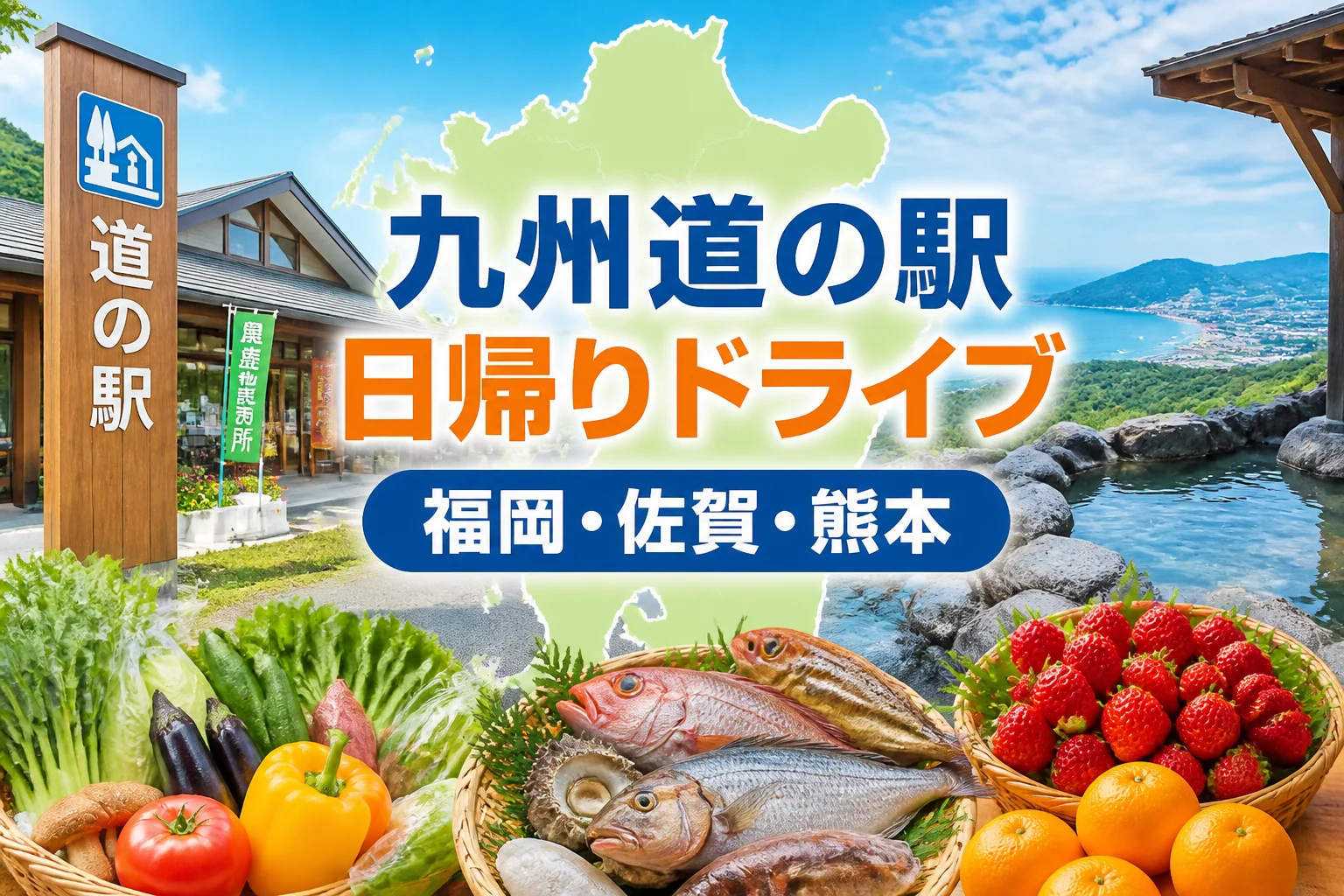 九州の道の駅をエリア別に巡る日帰り記事であることを一目で伝える。