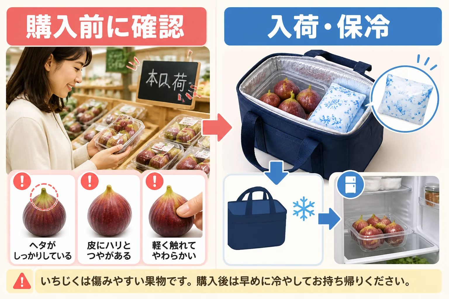 傷みやすいいちじくの購入前確認と持ち帰り対策を視覚的に補足する