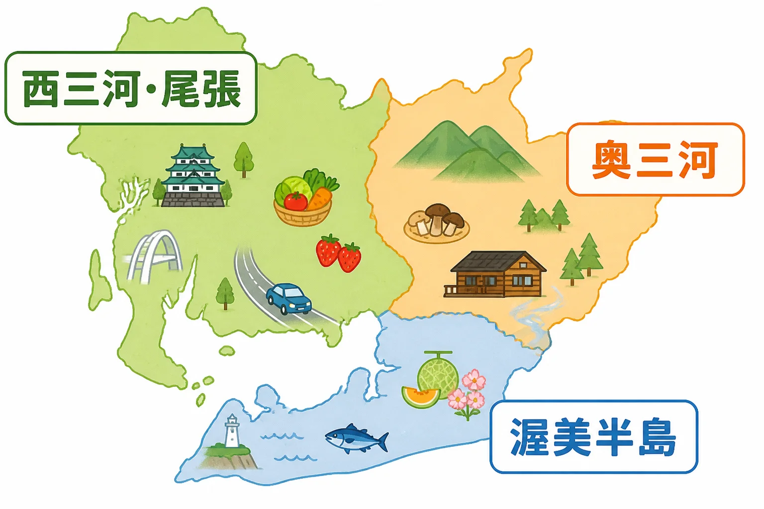 愛知県内の道の駅の分布と、エリアごとの特徴を直感的に理解してもらう