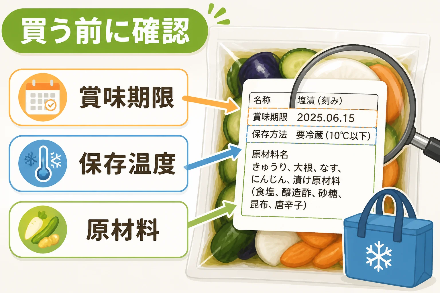 食品表示・保存方法の確認ポイントを直感的に伝える。