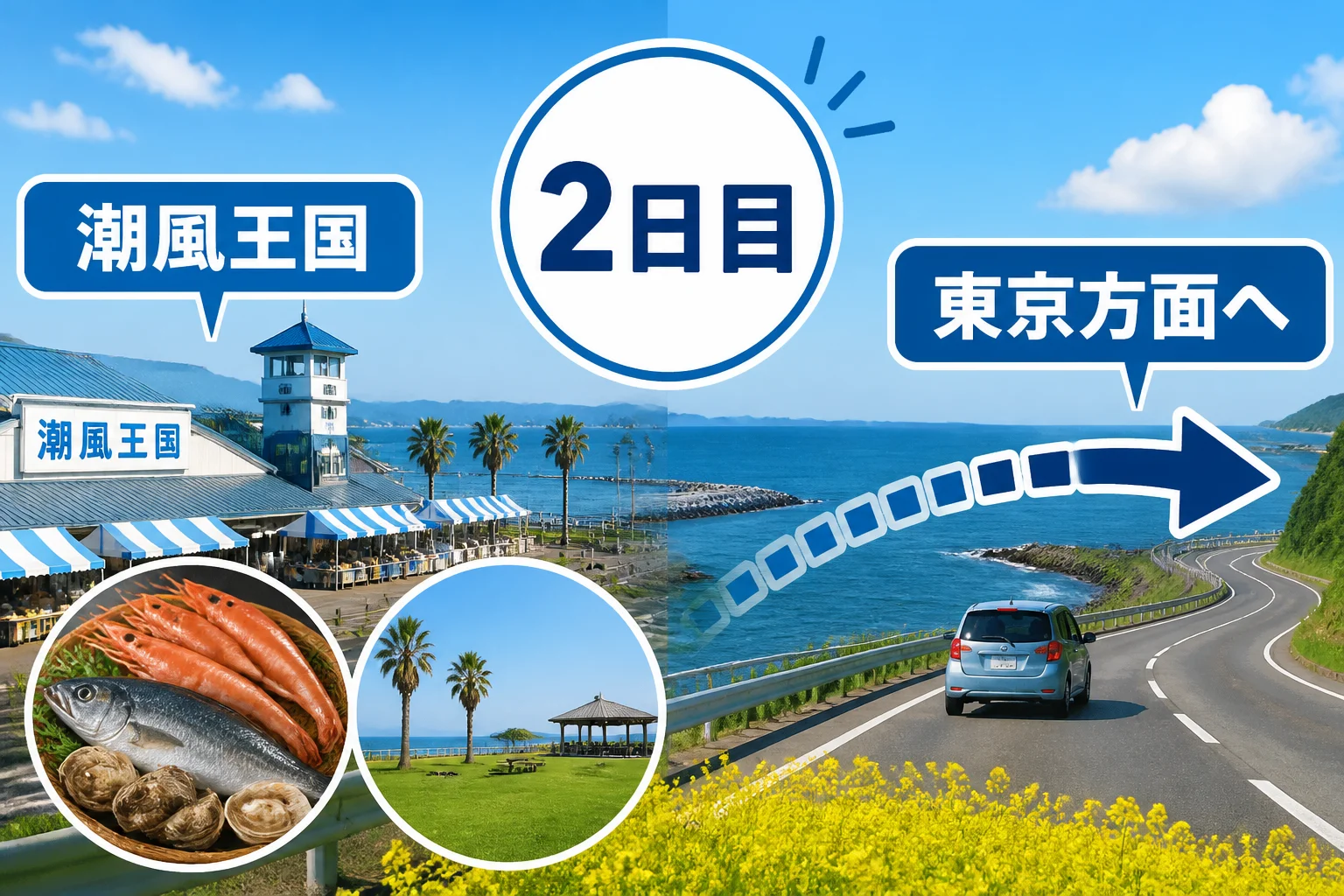 2日目の海辺観光と帰路のイメージを伝える