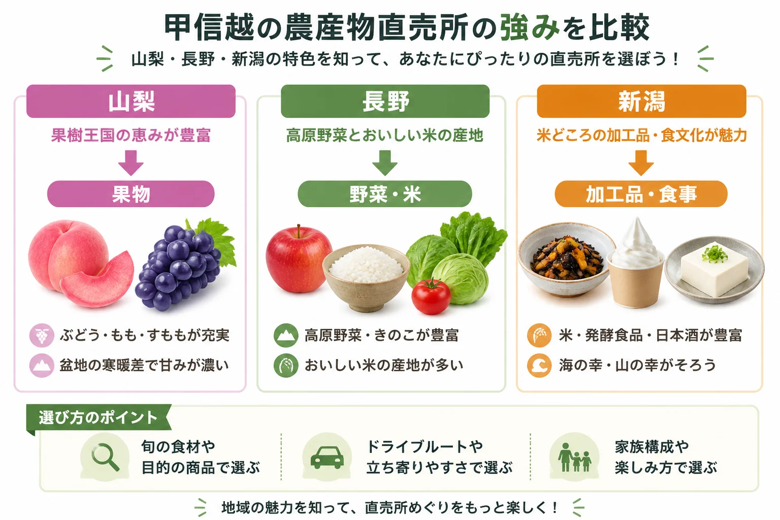 3県の強みを比較し、読者の選択を助ける図解