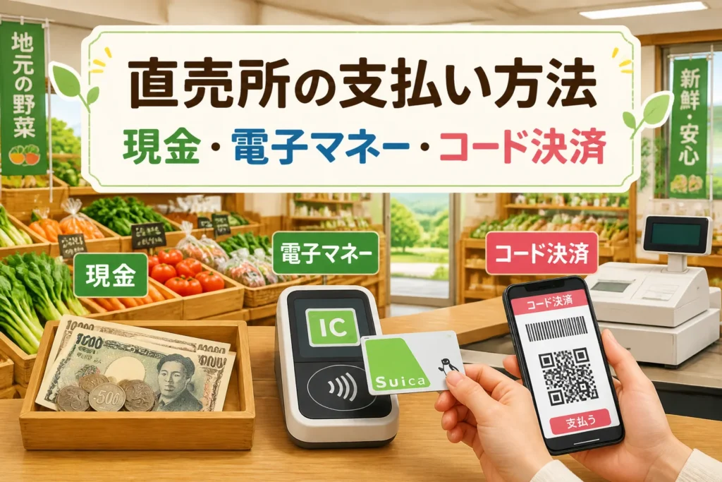 記事テーマである農産物直売所の多様な支払い方法を一目で伝える