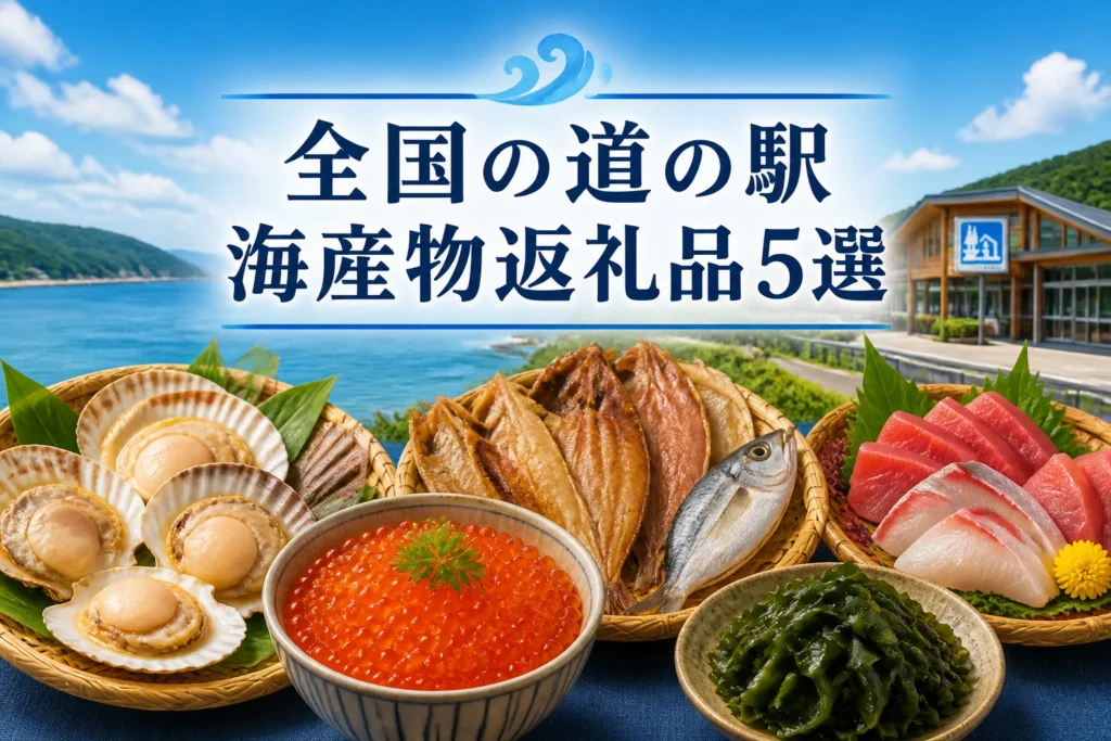 全国の道の駅と海産物返礼品のランキング記事であることを一目で伝える。