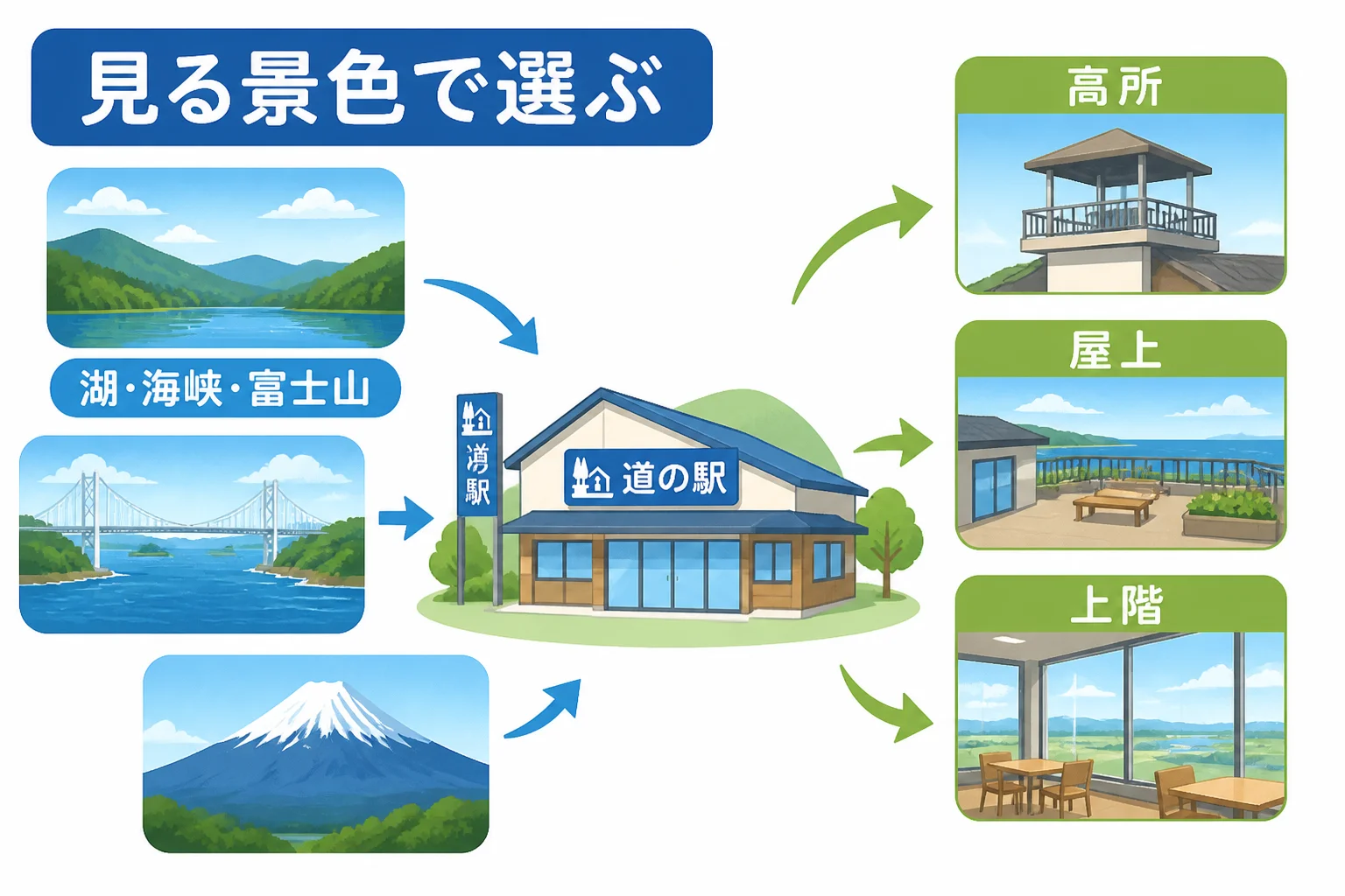 展望設備の有無、景色の種類、高所性を基準に比較していることを視覚的に説明する。