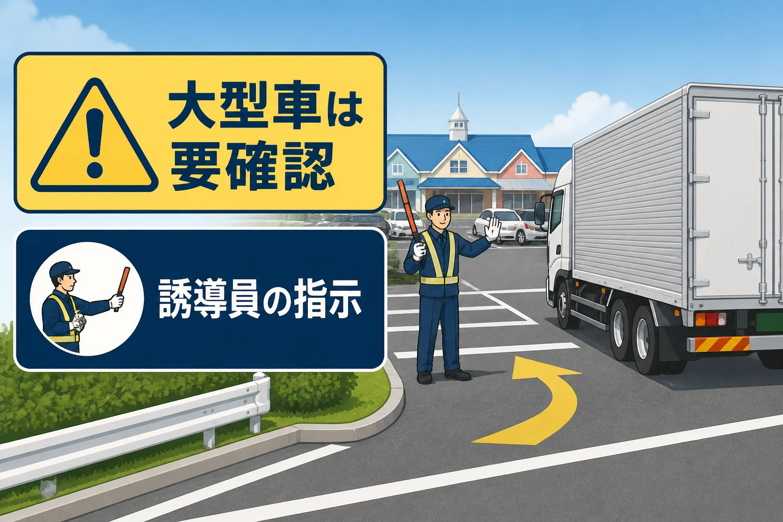 大型トラックや特殊な大型車は当日の状況で駐車できない場合があることを視覚的に伝える。