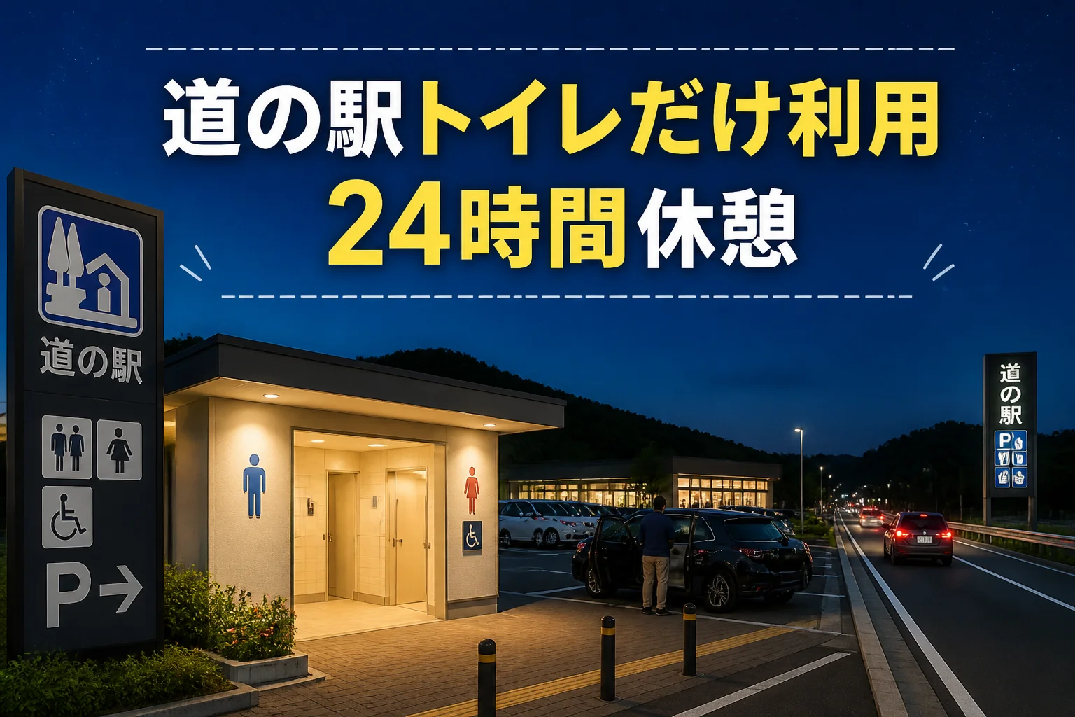 検索意図であるトイレだけの利用可否と、道の駅の休憩機能を一目で伝えるため。
