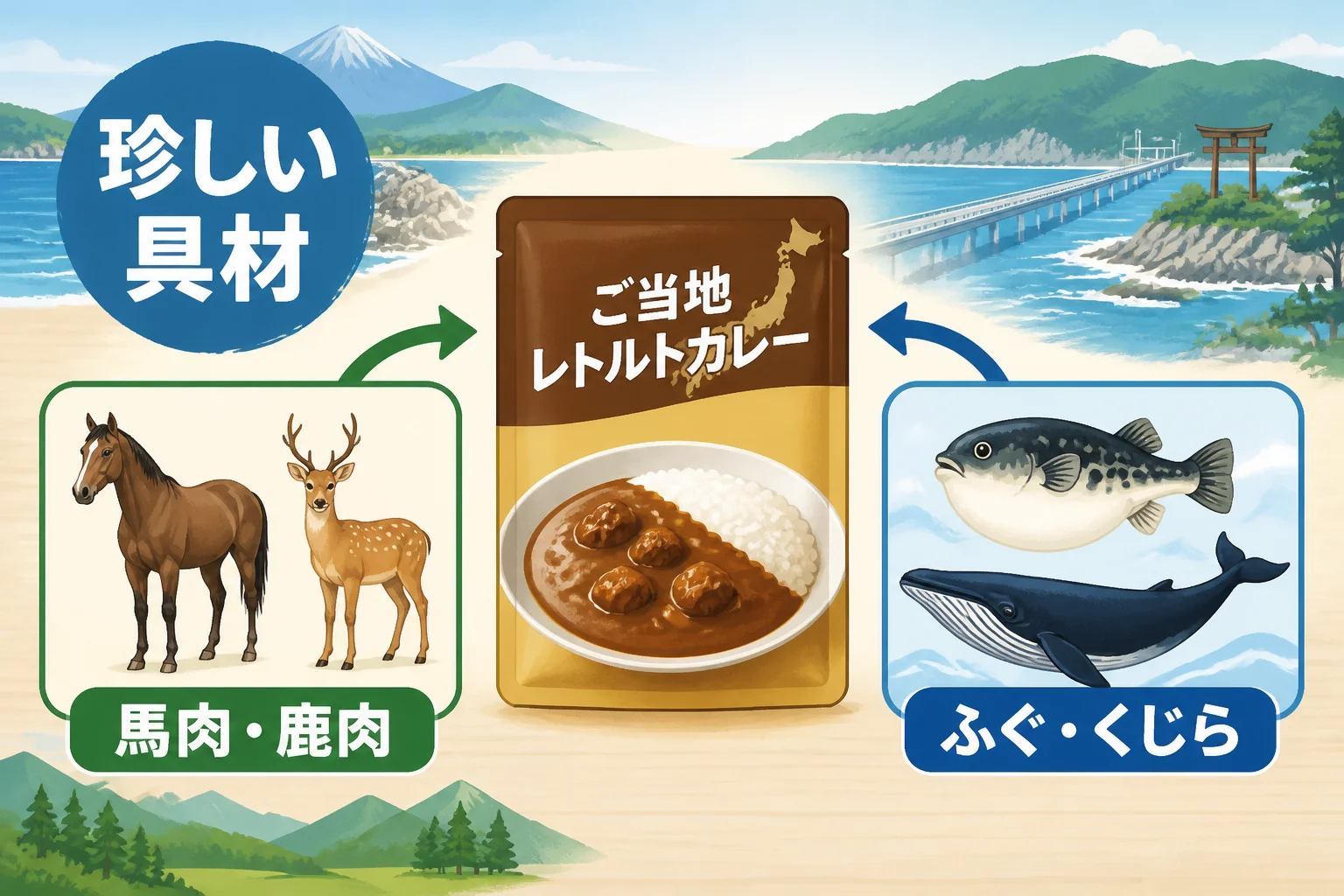 珍しい肉系・魚介系カレーの違いを視覚的に整理する。