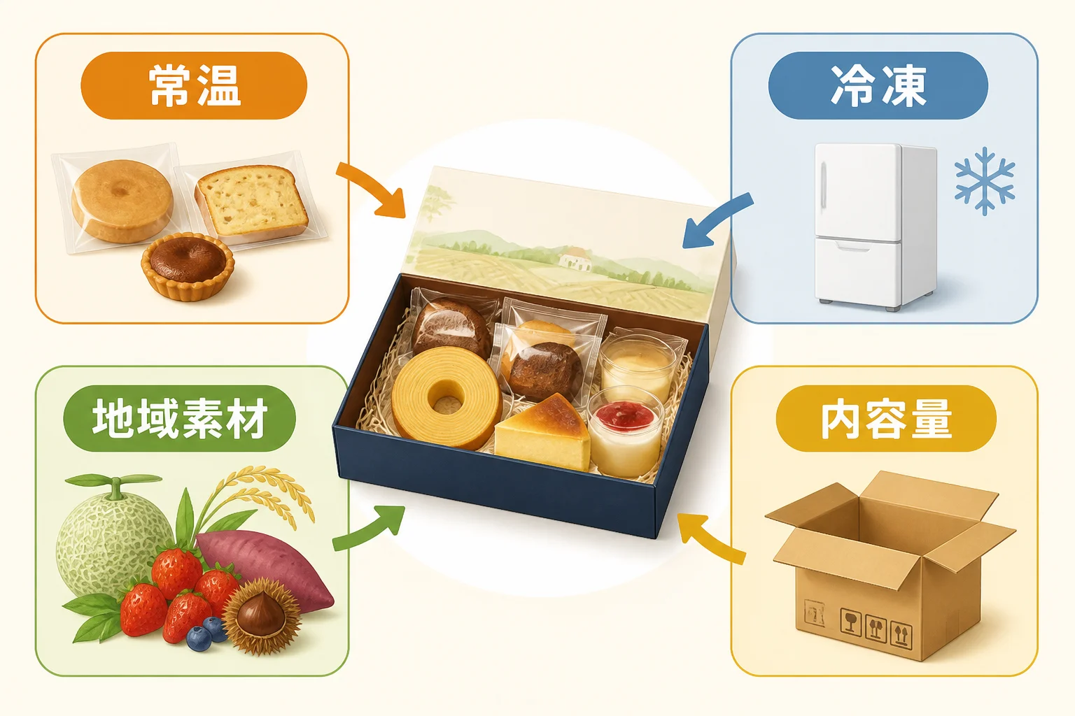 返礼品を比較するときの確認項目を視覚的に整理する。